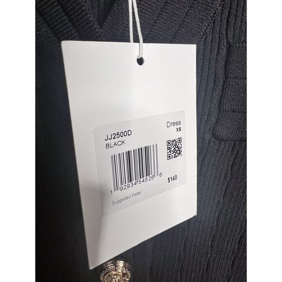 NWT Endless Rose V-Neck Long Sleeve Knit Mini Dress XS Black Gold Buttons Ribbed - Picture 8 of 11